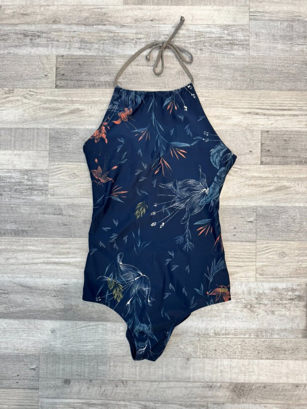 Roxy Blue Botanical One Piece Swimsuit Size Large Halter Neck, Back Tie K22
